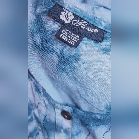 Flower Blue Tie Dye Dress Free Size Embroidered Floral Stich Detail Button Front - Picture 5 of 8